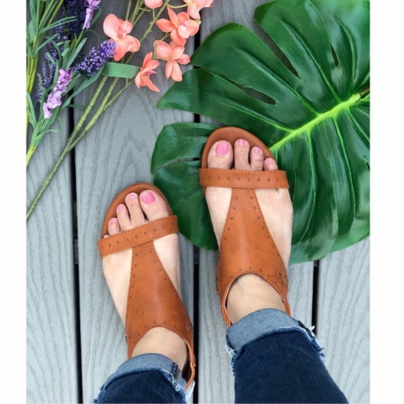 Shoes - Tan Vegan Leather Studded Sandals